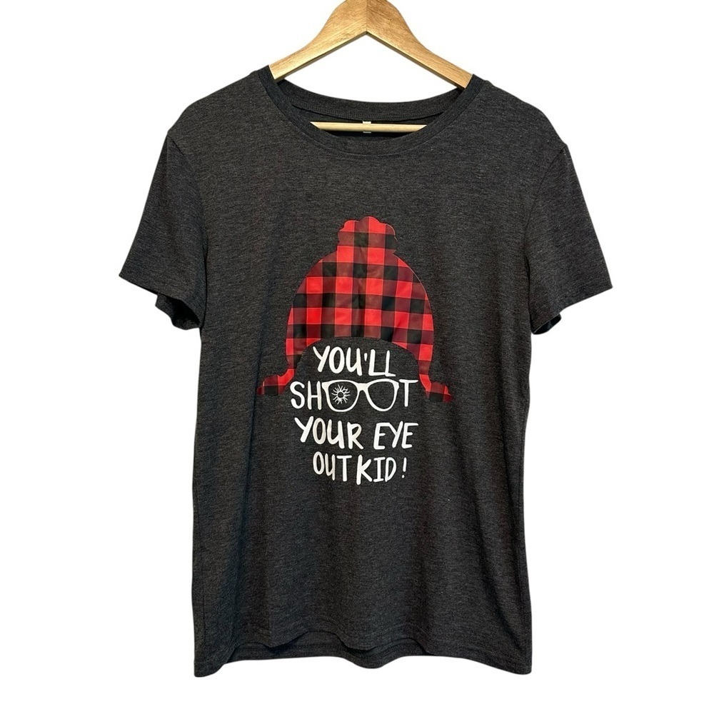NEW Women's Medium Grey Graphic Shoot Your Eye Out Christmas Holiday Plaid Tee
